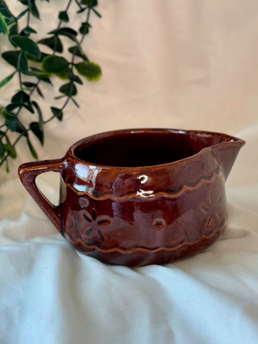 Vintage USA Pottery Brown Glaze Creamer Pitcher Embossed Floral